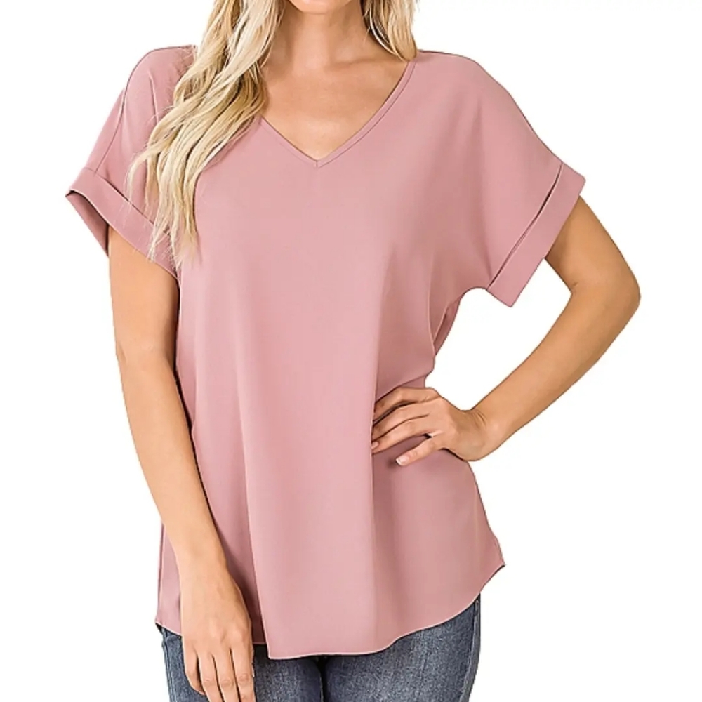 PINK ROSE size Large Dobby Rolled-Sleeve V-Neck vintage rose Top